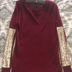 knit sweater with gold sequin elbow patches